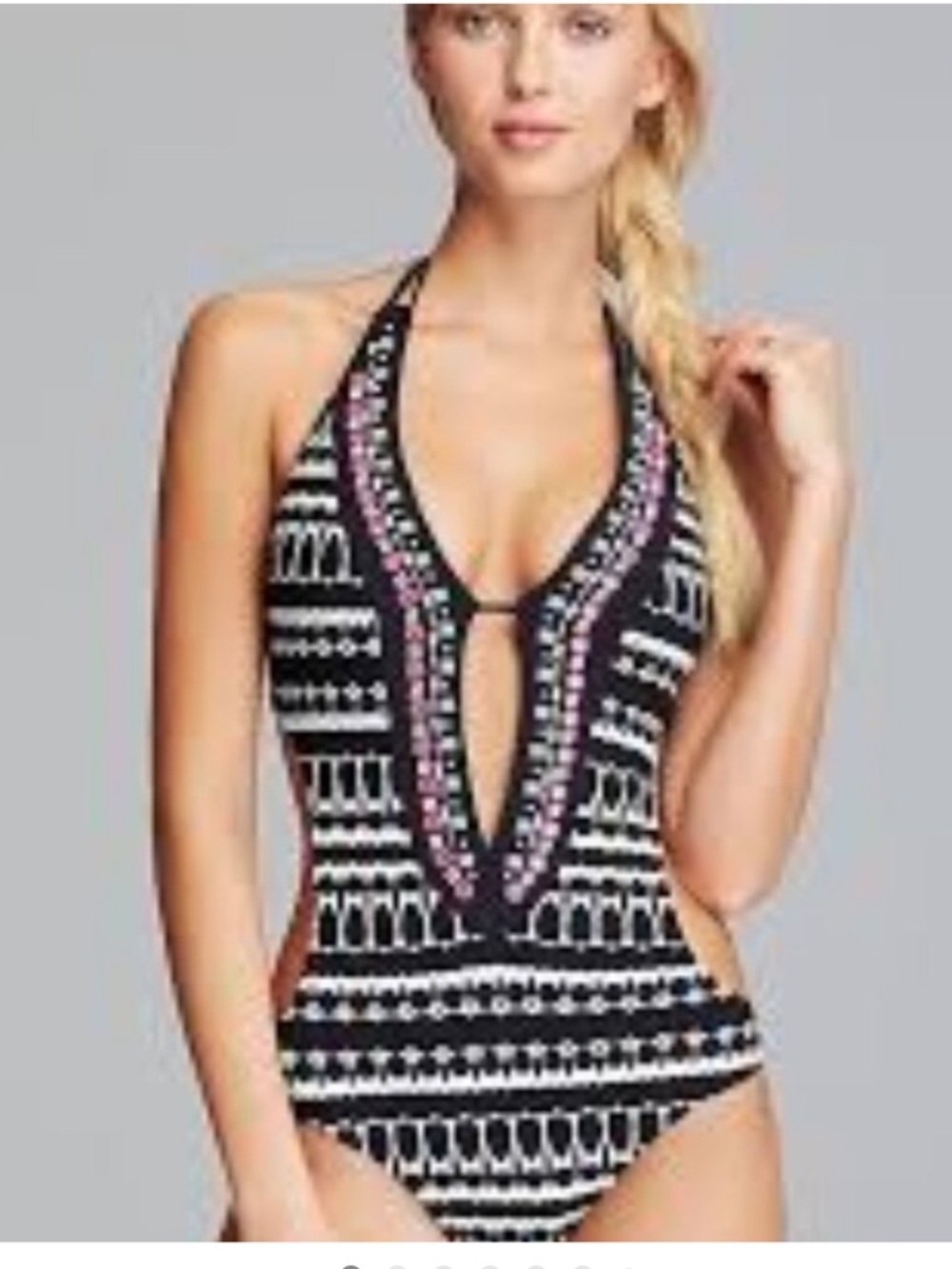 Nanette Lepore Black & White Patterned One-Piece Swimsuit with Pink Bead Trim